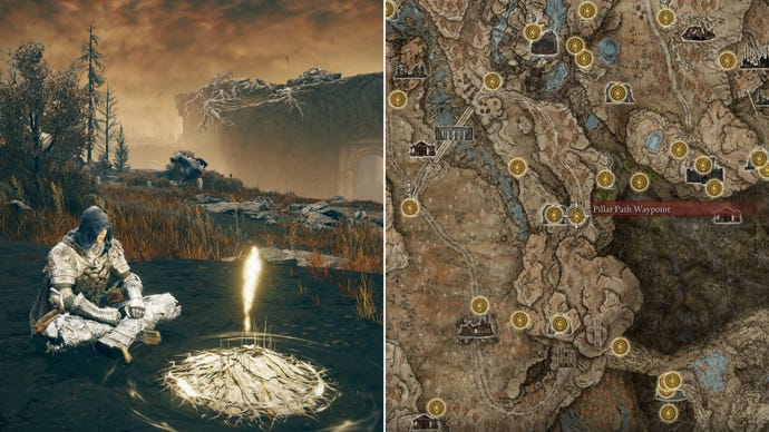 Two screenshots from Elden Ring: Shadow Of The Erdtree. Left: the player sits next to the Pillar Path Waypoint Site Of Grace. Right: the location of that Site Of Grace on the map.