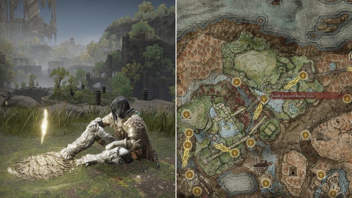 Two screenshots from Elden Ring: Shadow Of The Erdtree. Left: the player sits next to Rauh Ancient Ruins East Site Of Grace. Right: the location of that Site Of Grace on the map.