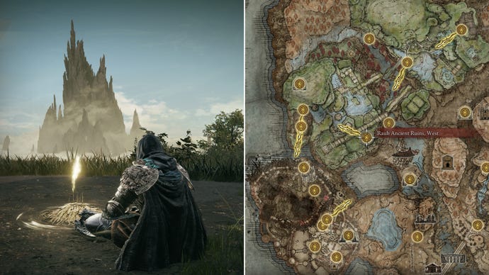 Two screenshots from Elden Ring: Shadow Of The Erdtree. Left: the player sits next to Rauh Ancient Ruins West Site Of Grace. Right: the location of that Site Of Grace on the map.