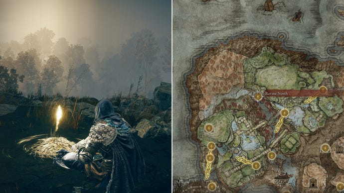 Two screenshots from Elden Ring: Shadow Of The Erdtree. Left: the player sits next to the Ravine North Site Of Grace. Right: the location of that Site Of Grace on the map.