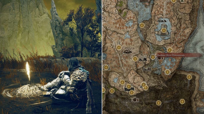 Two screenshots from Elden Ring: Shadow Of The Erdtree. Left: the player sits next to the Recluses' River Downstream Site Of Grace. Right: the location of that Site Of Grace on the map.