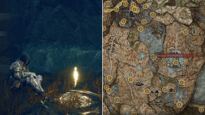 Two screenshots from Elden Ring: Shadow Of The Erdtree. Left: the player sits next to Recluses' River Upstream Site Of Grace. Right: the location of that Site Of Grace on the map.