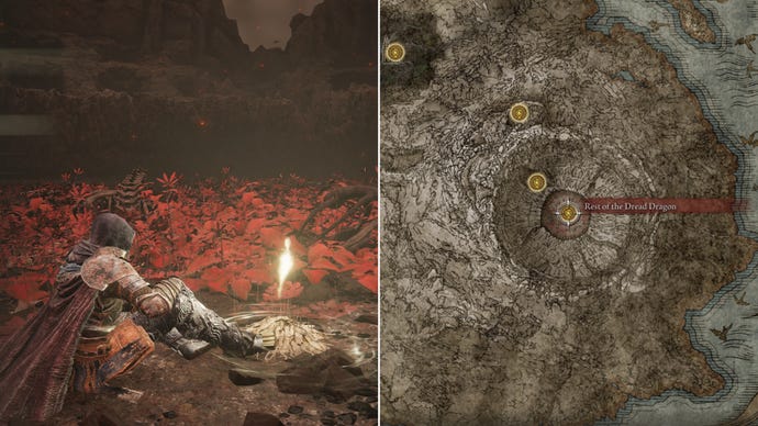 Two screenshots from Elden Ring: Shadow Of The Erdtree. Left: the player sits next to the Rest Of The Dread Dragon Site Of Grace. Right: the location of that Site Of Grace on the map.