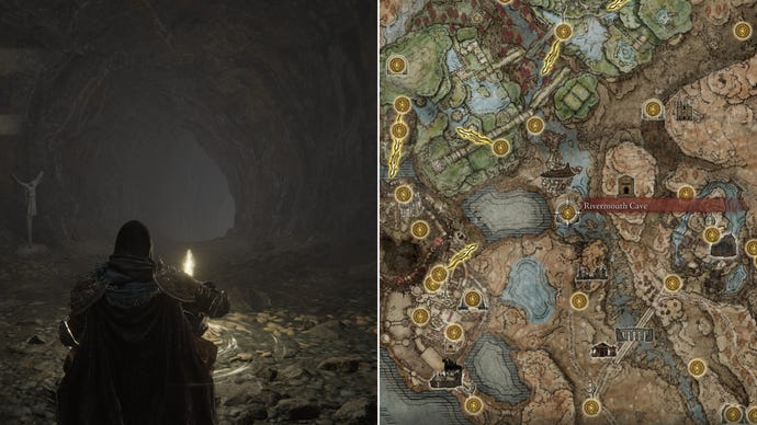 Two screenshots from Elden Ring: Shadow Of The Erdtree. Left: the player sits next to the Rivermouth Cave Site Of Grace. Right: the location of that Site Of Grace on the map.