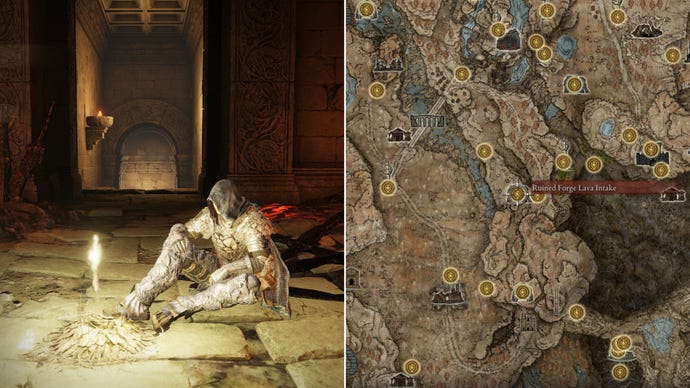 Two screenshots from Elden Ring: Shadow Of The Erdtree. Left: the player sits next to the Ruined Forge Lava Intake Site Of Grace. Right: the location of that Site Of Grace on the map.