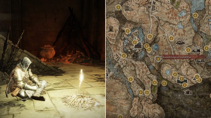 Two screenshots from Elden Ring: Shadow Of The Erdtree. Left: the player sits next to the Ruined Forge Of Starfall Past Site Of Grace. Right: the location of that Site Of Grace on the map.