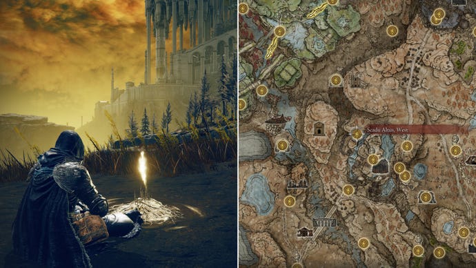 Two screenshots from Elden Ring: Shadow Of The Erdtree. Left: the player sits next to the Scadu Altus West Site Of Grace. Right: the location of that Site Of Grace on the map.