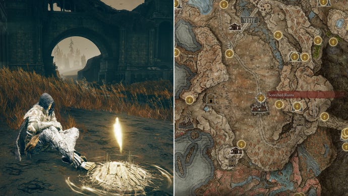 Two screenshots from Elden Ring: Shadow Of The Erdtree. Left: the player sits next to the Scorched Ruins Site Of Grace. Right: the location of that Site Of Grace on the map.