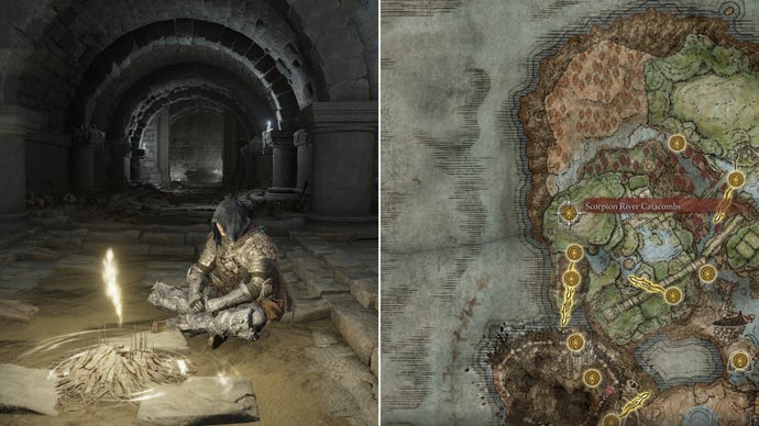 Two screenshots from Elden Ring: Shadow Of The Erdtree. Left: the player sits next to the Scorpion River Catacombs Site Of Grace. Right: the location of that Site Of Grace on the map.