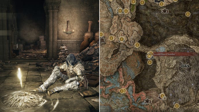 Two screenshots from Elden Ring: Shadow Of The Erdtree. Left: the player sits next to the Second Floor Chamber Site Of Grace. Right: the location of that Site Of Grace on the map.