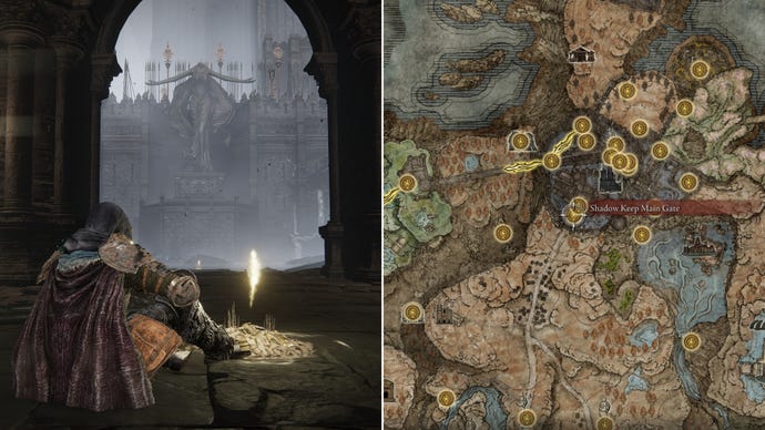 Two screenshots from Elden Ring: Shadow Of The Erdtree. Left: the player sits next to the Shadow Keep Main Gate Site Of Grace. Right: the location of that Site Of Grace on the map.