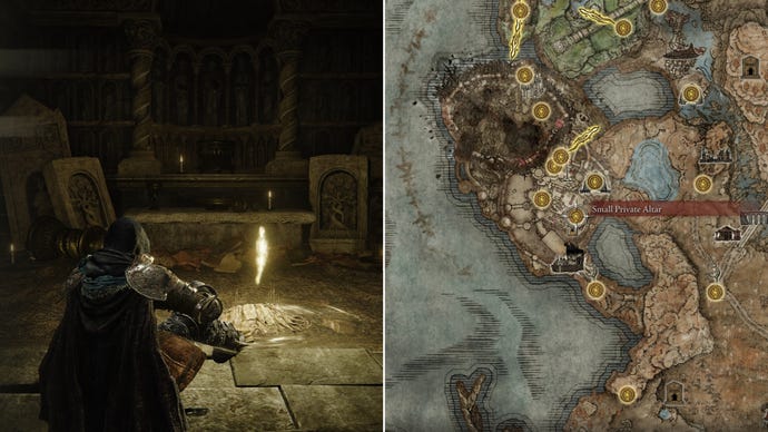 Two screenshots from Elden Ring: Shadow Of The Erdtree. Left: the player sits next to the Small Private Altar Site Of Grace. Right: the location of that Site Of Grace on the map.