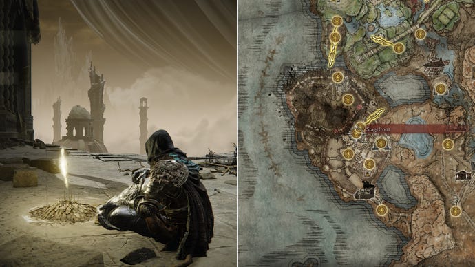 Two screenshots from Elden Ring: Shadow Of The Erdtree. Left: the player sits next to the Stagefront Site Of Grace. Right: the location of that Site Of Grace on the map.