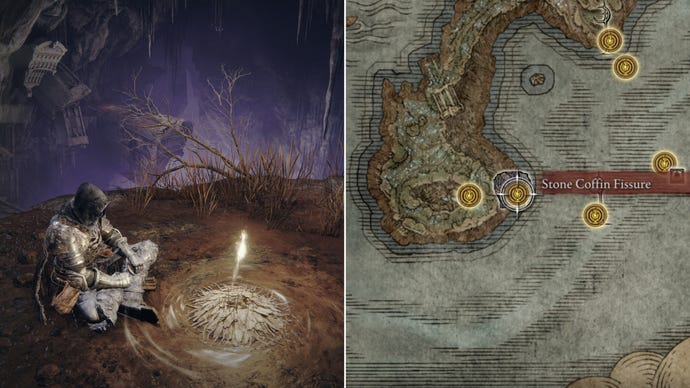 Two screenshots from Elden Ring: Shadow Of The Erdtree. Left: the player sits next to the Stone Coffin Fissure Site Of Grace. Right: the location of that Site Of Grace on the map.