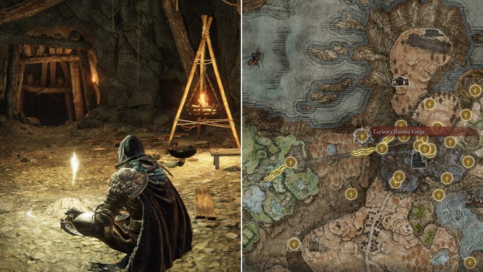 Two screenshots from Elden Ring: Shadow Of The Erdtree. Left: the player sits next to the Taylew's Ruined Forge Site Of Grace. Right: the location of that Site Of Grace on the map.