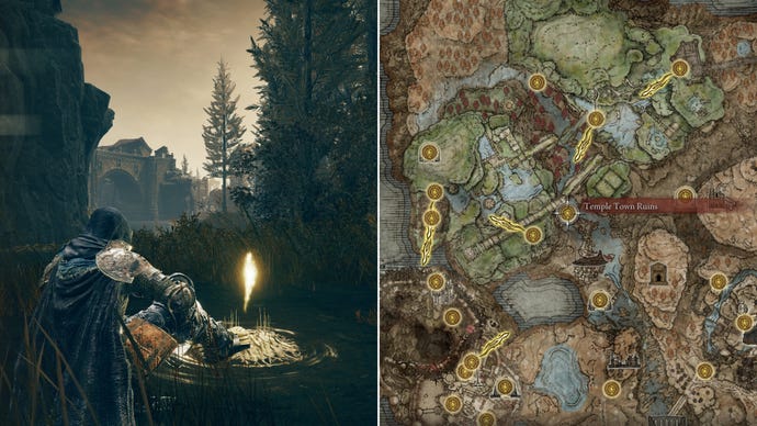 Two screenshots from Elden Ring: Shadow Of The Erdtree. Left: the player sits next to the Temple Town Ruins Site Of Grace. Right: the location of that Site Of Grace on the map.