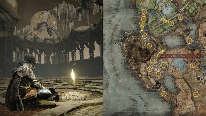 Two screenshots from Elden Ring: Shadow Of The Erdtree. Left: the player sits next to the Theater Of The Divine Beast Site Of Grace. Right: the location of that Site Of Grace on the map.