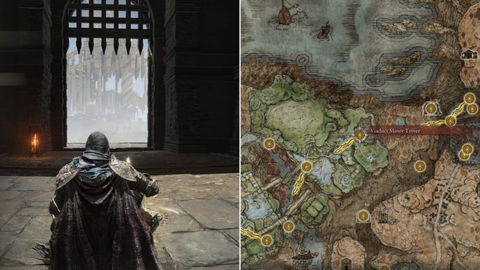 Two screenshots from Elden Ring: Shadow Of The Erdtree. Left: the player sits next to the Viaduct Minor Tower Site Of Grace. Right: the location of that Site Of Grace on the map.