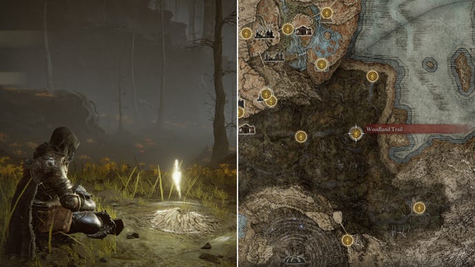 Two screenshots from Elden Ring: Shadow Of The Erdtree. Left: the player sits next to the Woodland Trail Site Of Grace. Right: the location of that Site Of Grace on the map.