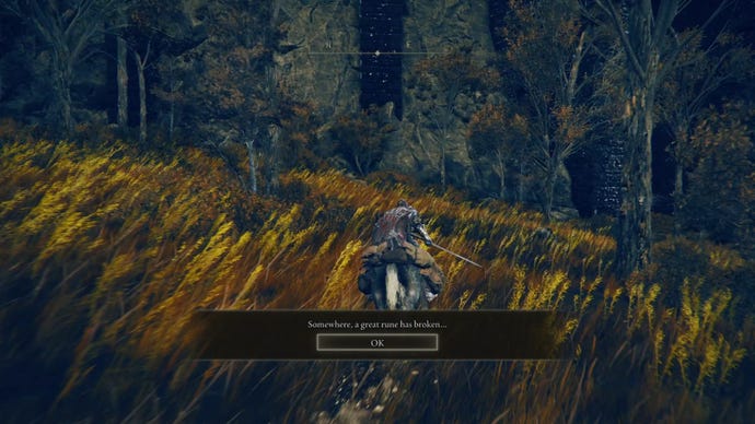 The player in Elden Ring: Shadow Of The Erdtree races on horseback through a field of tall grass. A notification pops up saying: "Somewhere, a great rune has broken...".