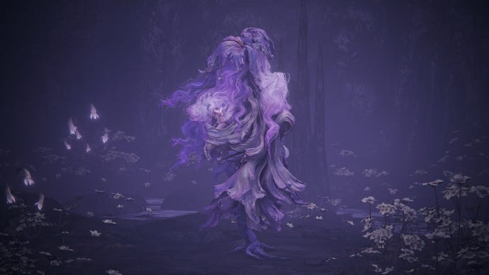 A close-up of St. Trina in Elden Ring: Shadow Of The Erdtree, standing asleep in a purple cave.