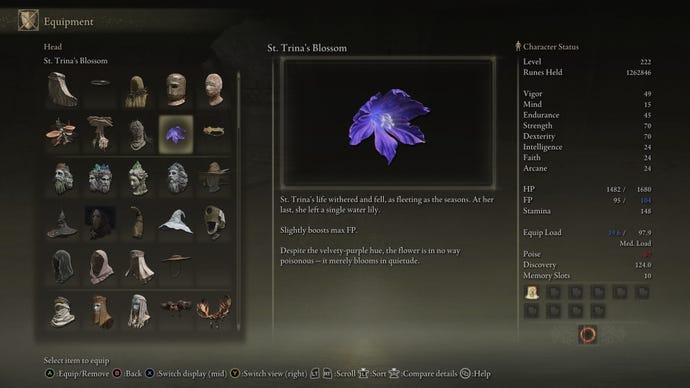 The in-game item description for St. Trina's Blossom in Elden Ring: Shadow Of The Erdtree.