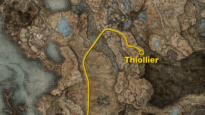 Part of the map of the Gravesite Plain in Elden Ring: Shadow Of The Erdtree, with the path to Thiollier's location marked in yellow.