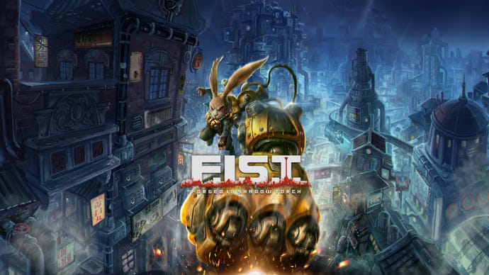 Artwork for F.I.S.T: Forged In Shadow Torch, which shows a humanoid rabbit with a robotic arm, and a cyberpunk city in the background.