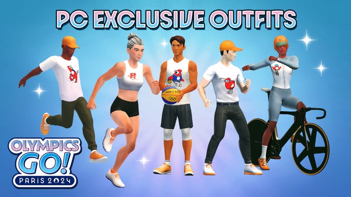 Artwork for Olympics Go! Paris 2024, showing a selection of outfits that were available for free on the Epic Games Store.