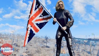 Fallout London mod - a modded Fallout 4 character with blonde hair and sunglasses and a Pip-Boy holds an British flag.