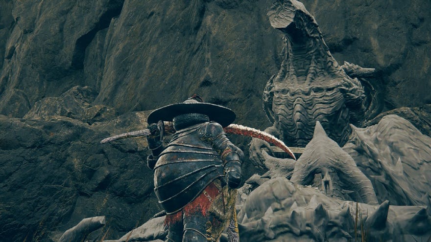 A Tarnished holds the Dragon-Hunter's Great Katana, standing by a decapitated dragon's head.