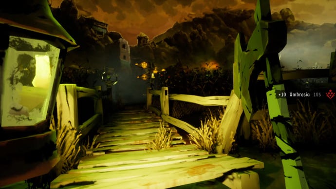 Crossing an eerie bridge holding an axe in Harvest Hunt.