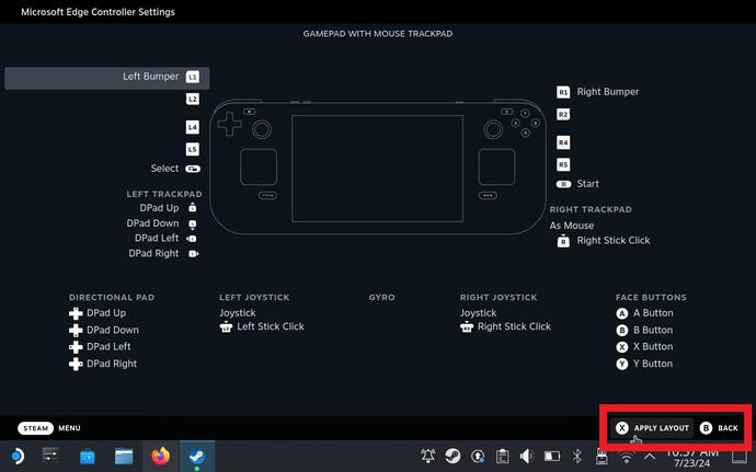 Step 10 of how to play Game Pass games on the Steam Deck: Select the Gamepad with Mouse Trackpad option, apply changes, then close the settings.