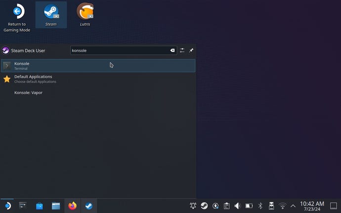 Step 5 of how to play Game Pass games on the Steam Deck: Click the Steam Deck icon in the taskbar, then search for an open the Konsole app.