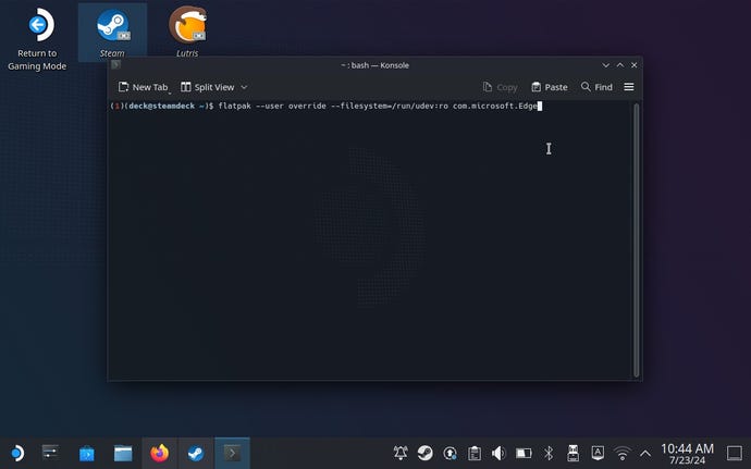 Step 6 of how to play Game Pass games on the Steam Deck: In Konsole, type or paste flatpak --user override --filesystem=/run/udev:ro com.microsoft.Edge, press Enter, then exit Konsole.