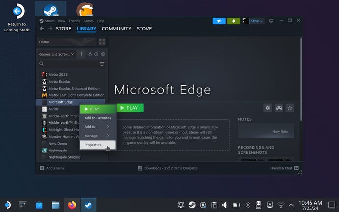 Step 7 of how to play Game Pass games on the Steam Deck: Open Steam, right click on Microsoft Edge in the game library and select Properties.