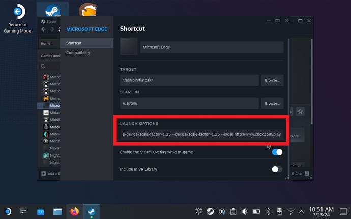 Step 8 of how to play Game Pass games on the Steam Deck: At the end of the text already inside the Launch Options field, add a space, then --window-size=1024,640 --force-device-scale-factor=1.25 --device-scale-factor=1.25 --kiosk https://www.xbox.com/play. Close the Properties window after.