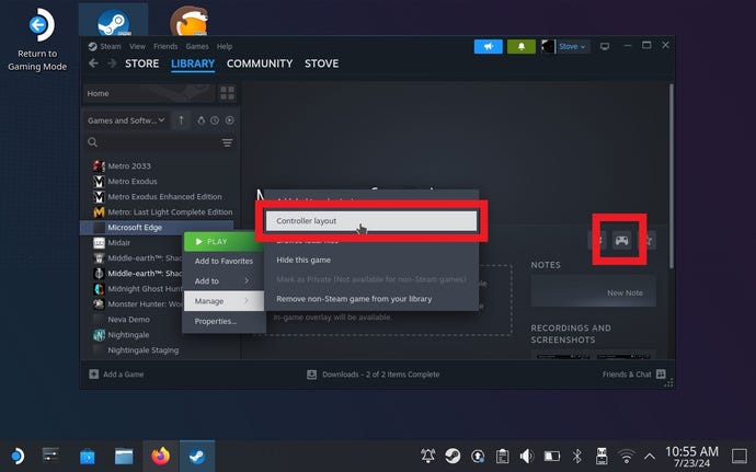 Step 9 of how to play Game Pass games on the Steam Deck: Open Steam's Controller Settings for Microsoft Edge.