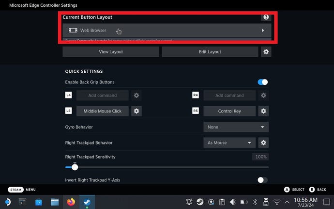 Step 9b of how to play Game Pass games on the Steam Deck: Click the Current Button Layout section, which should currently be set to Web Browser.