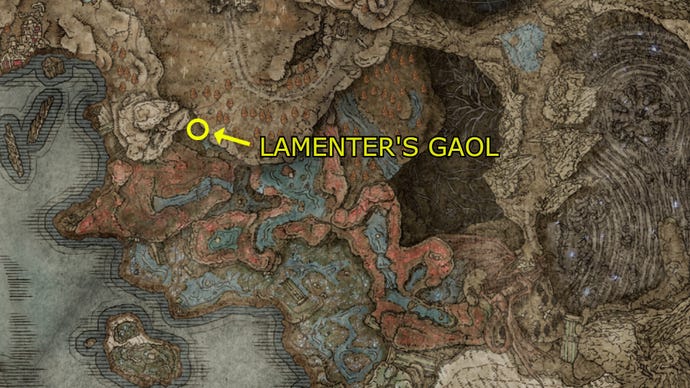 A map showing Lamenter's Gaol in Elden Ring: Shadow of the Erdtree.