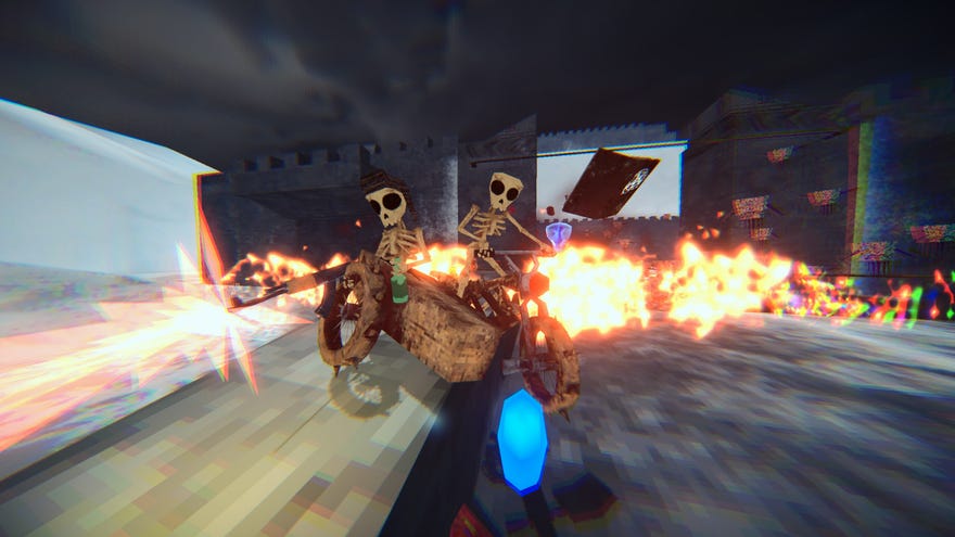 Two skeletons ride a bike and sidecar while shooting a gun in Motordoom.