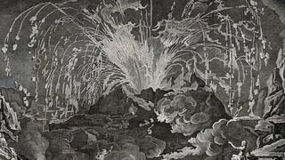 An etching of Mount Vesuvius erupting dramatically in 1754