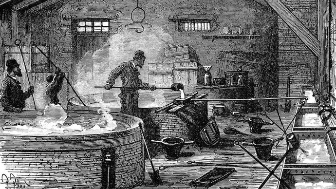 Old black and white vintage illustration depicting the making of tallow soap at a factory in the Paris area (boiling the soap and pouring it into molds).