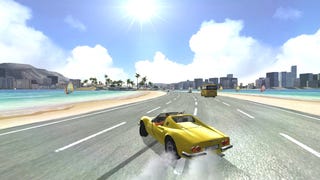 A yellow car power slides along a road shouldered by beaches in OutRun 2006.