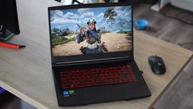 An RTX 4050-equipped MSI Thin GF63 gaming laptop, running Horizon Forbidden West.