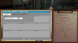 A computer interface and a diagram of a body from the video game The Mortuary Assistant