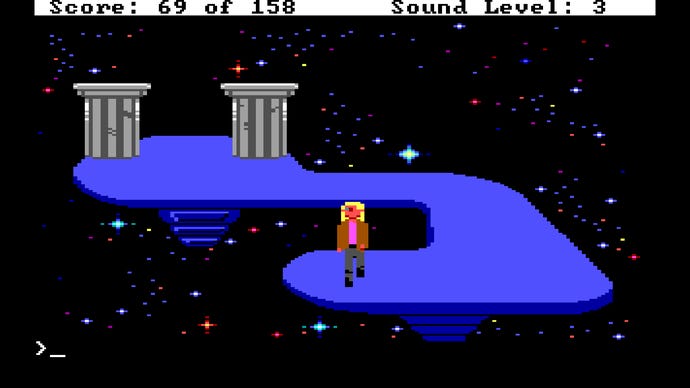 A screenshot from Tachyon Dreams Anthology, showing Dodger standing atop a twisted blue platform in space bordered by two pillars.