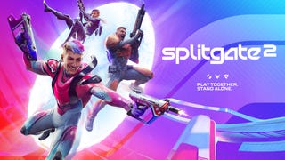 Key art for Splitgate 2, showing three gun-wielding characters jumping through a portal