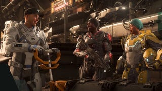 A group of pilots in Star Citizen standing around laughing in a hangar