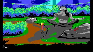 A screenshot from Tachyon Dreams Anthology showing Dodger standing in a forest in front of a large statue of a woman in a yoga pose.